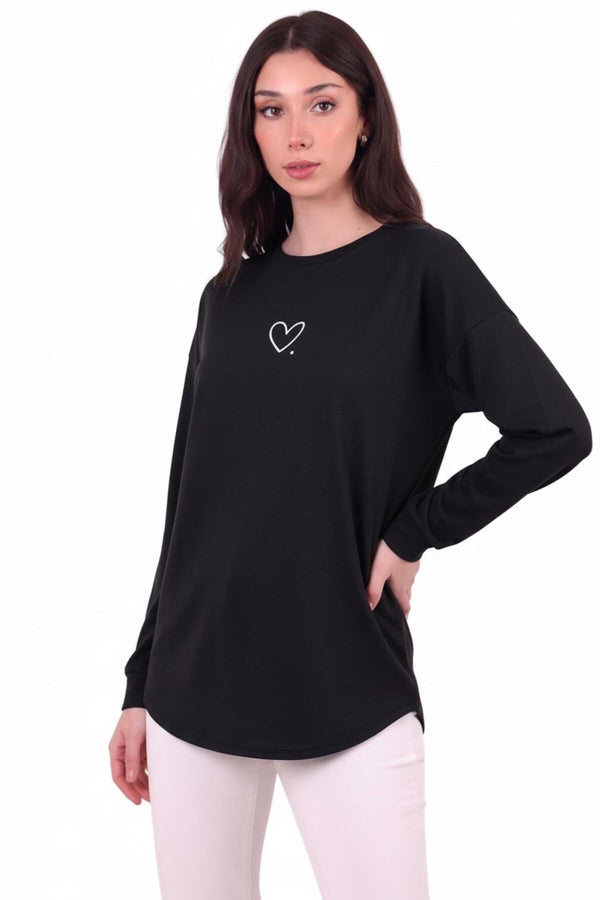 Kadın Eteği Oval 2Iplik Kalp Baskılı Sweat  Siyah