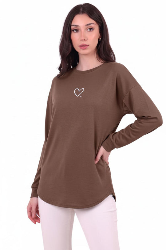 Kadın Eteği Oval 2Iplik Kalp Baskılı Sweat  Vizon
