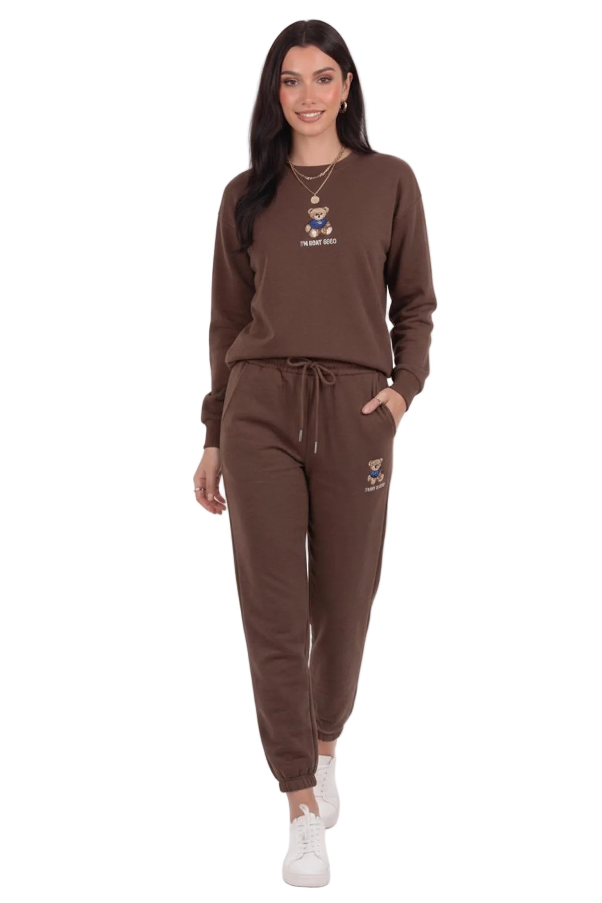 Kadın Ayıcıklı Paça Lastikli Uzun Kol Takım  Kahverengi