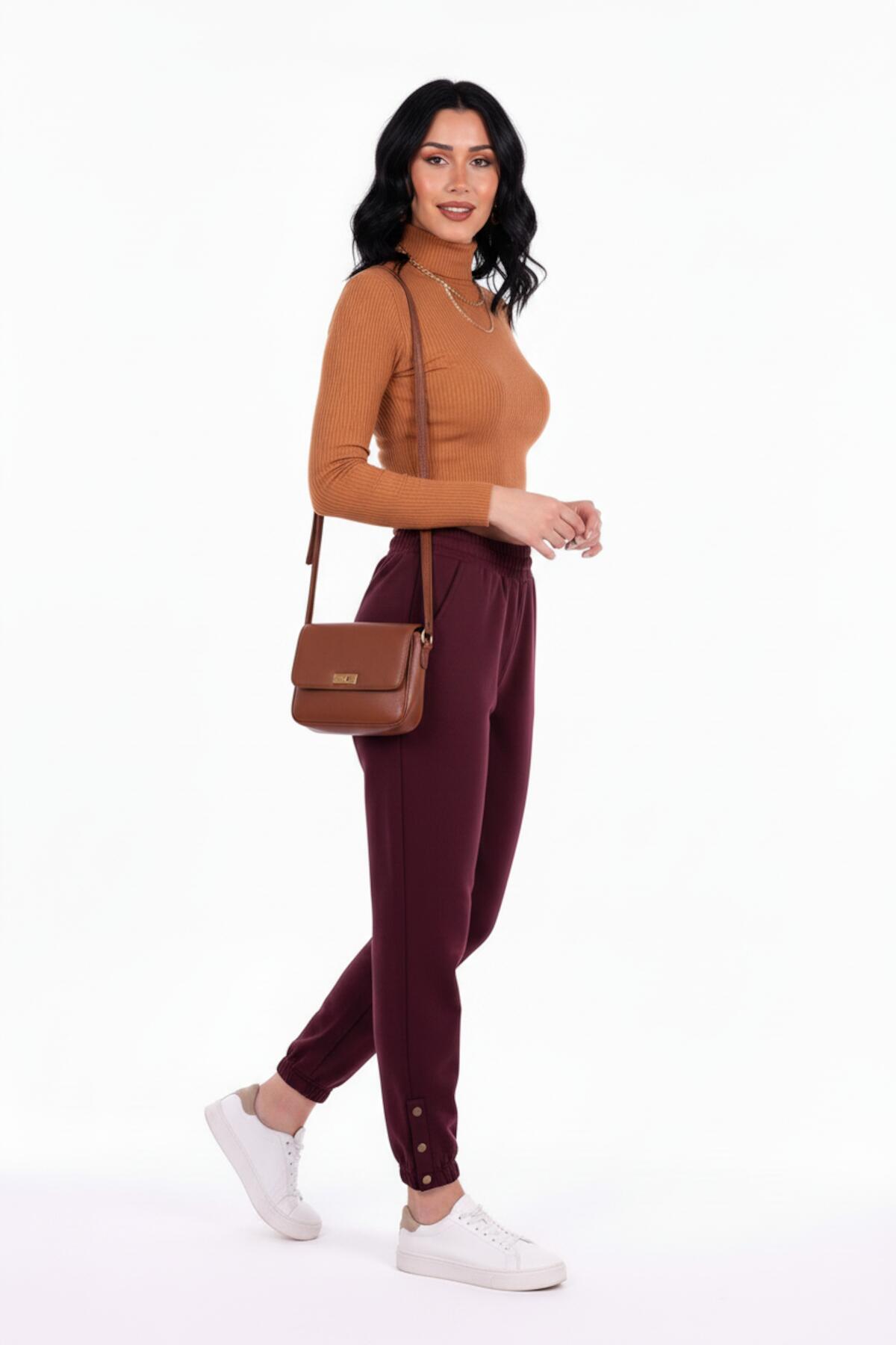 Kadın Bel Paça Lastikli Paça Düğme Detay Eşofman  Bordo