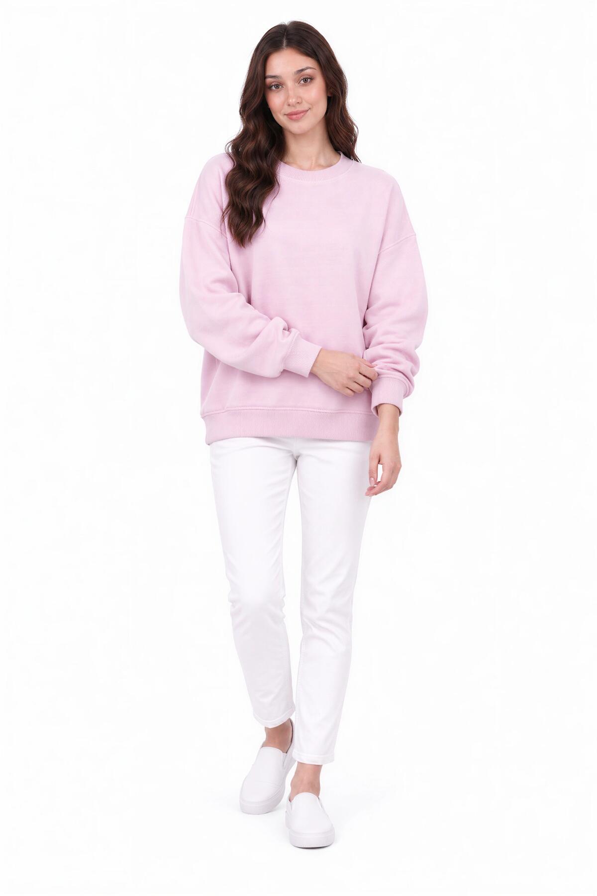 Kadın Bisiklet Yaka 3Iplik Salaş Sweat  Pembe