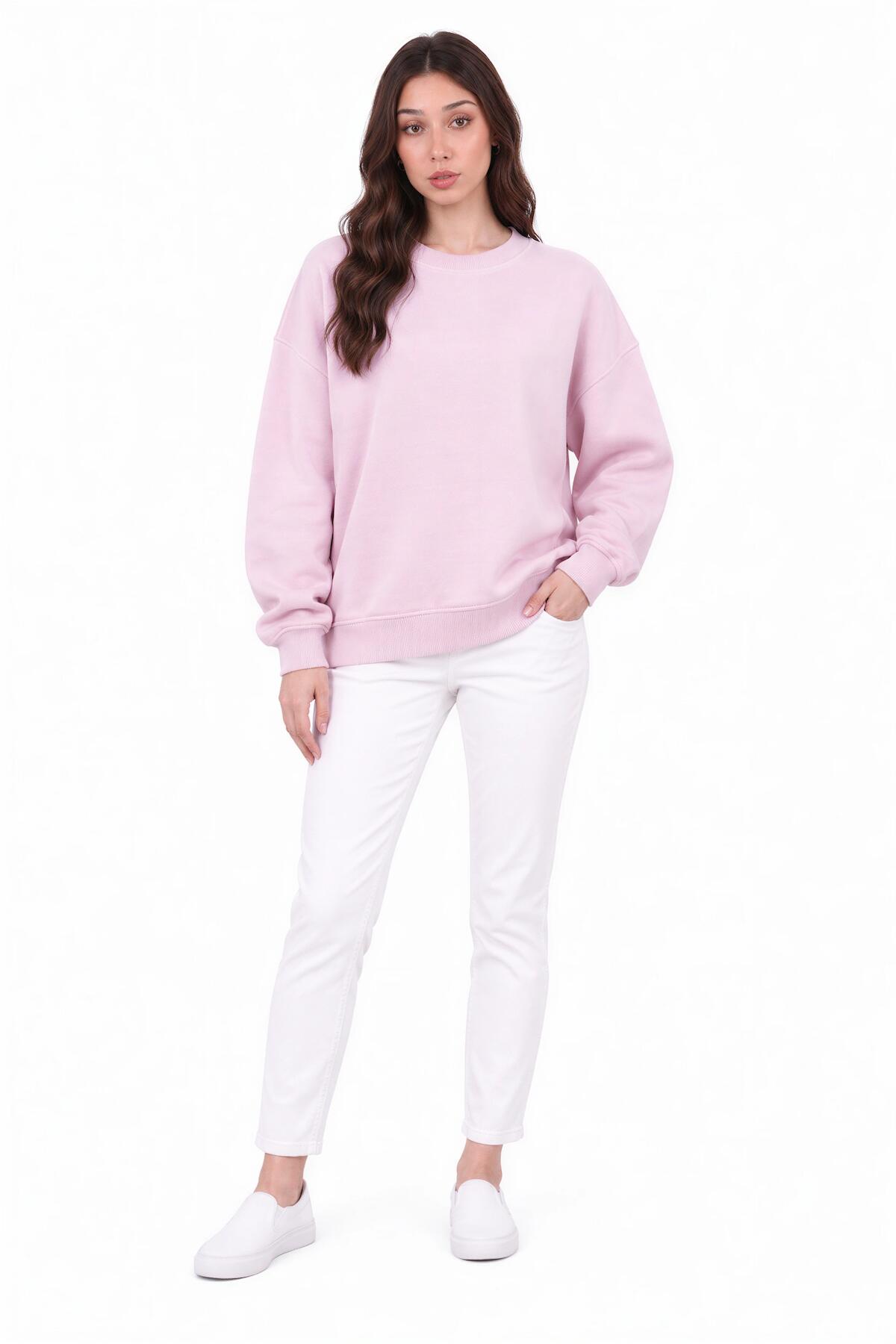 Kadın Bisiklet Yaka 3Iplik Salaş Sweat  Pembe