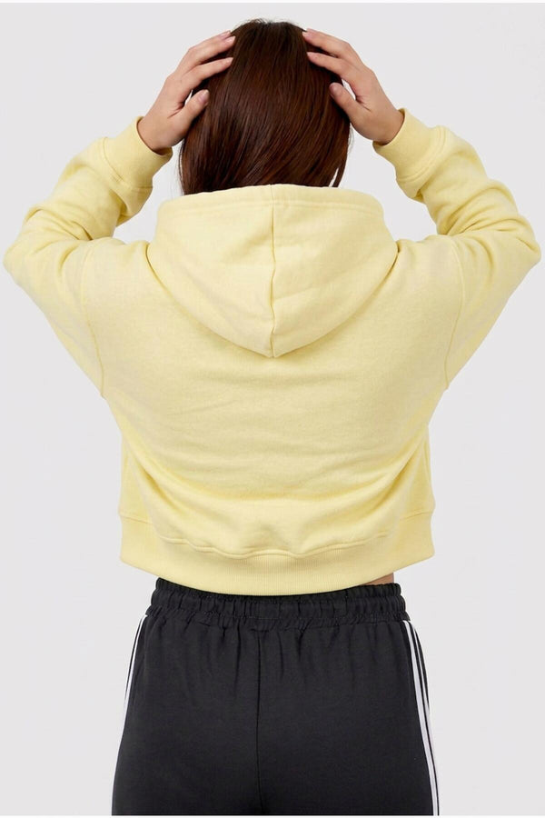Kadın Üç İplik Kanguru Cepli Kapşonlu Kısa Sweat  Sarı