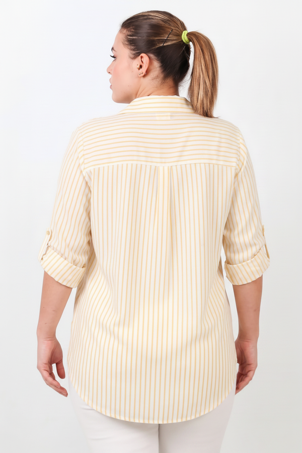 Büyük Beden İki Cepli Çizgili Gömlek  Sarı