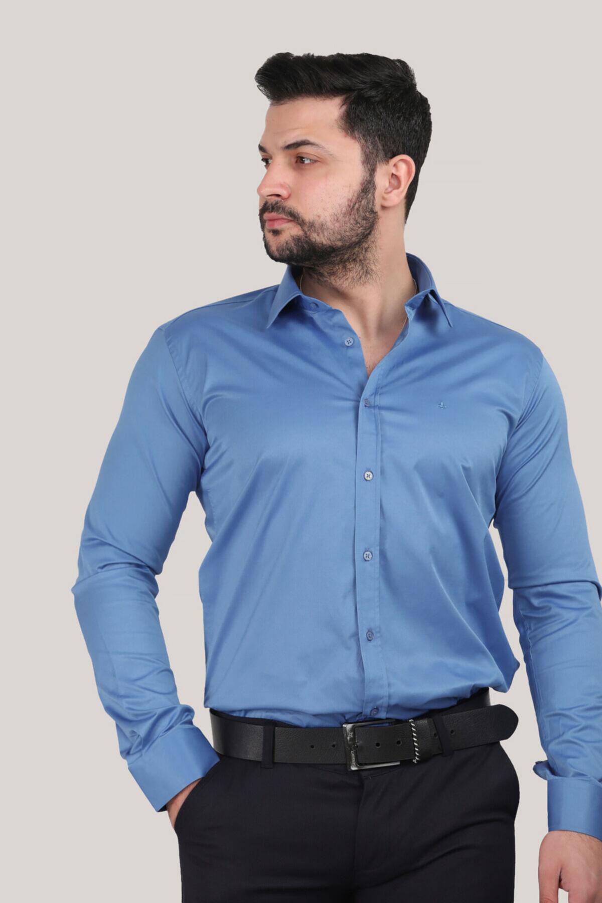 Erkek Saten Gömlek  Mavi