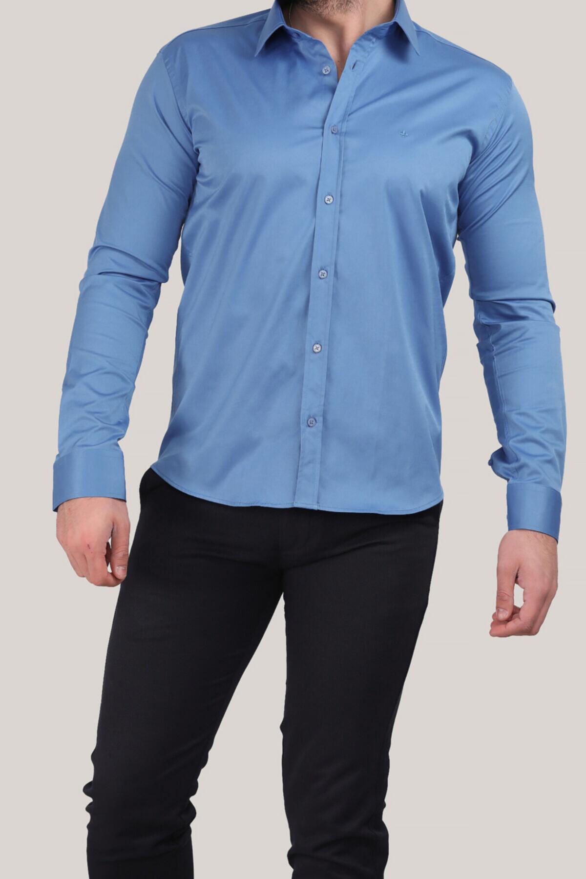 Erkek Saten Gömlek  Mavi