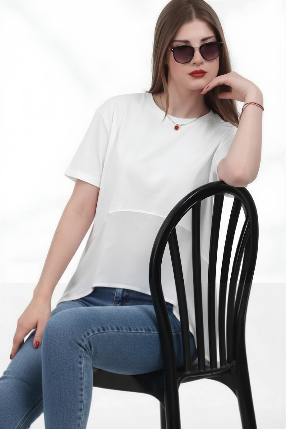 Kadın Tencel Garnili Bluz  Ekru