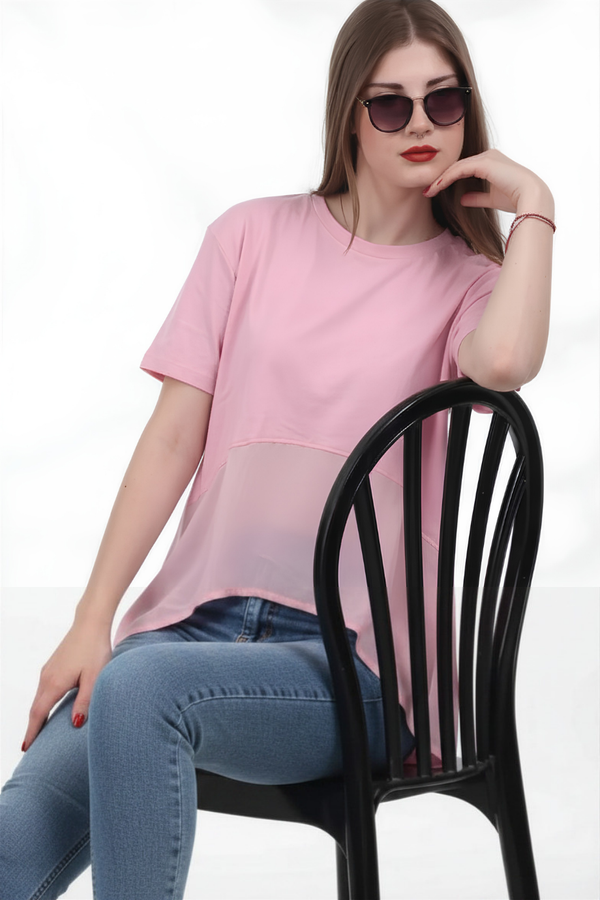 Kadın Tencel Garnili Bluz  Pembe