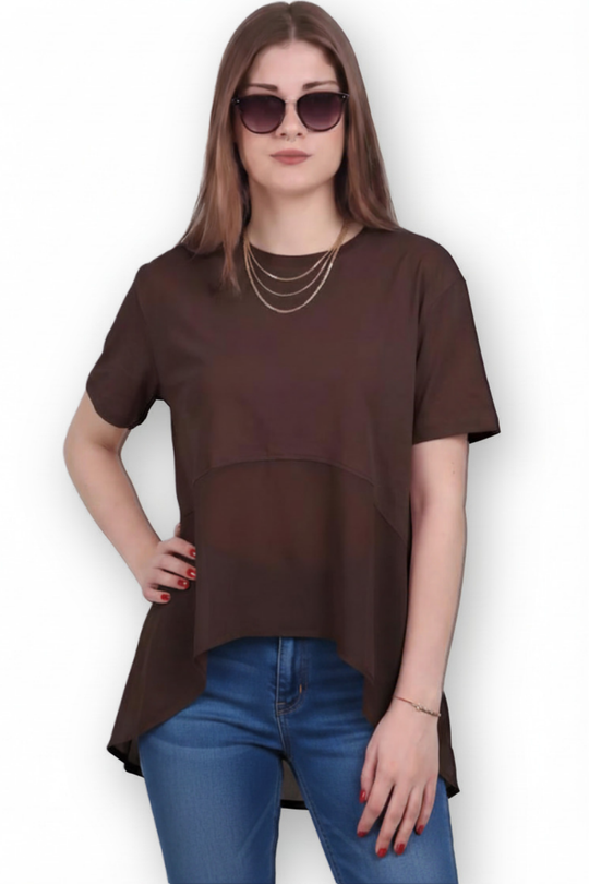 Kadın Tencel Garnili Bluz  Kahverengi