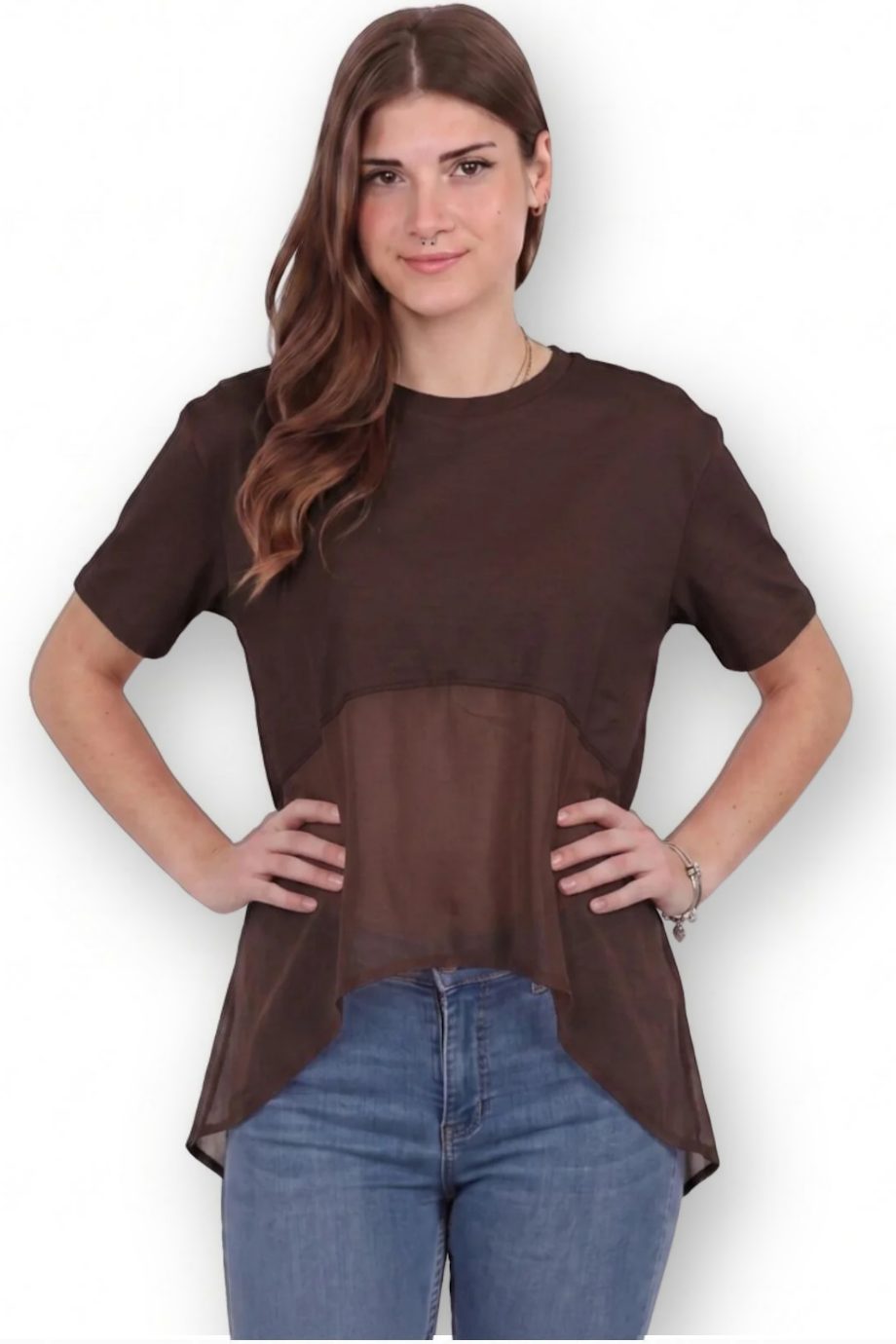 Kadın Tencel Garnili Bluz  Kahverengi