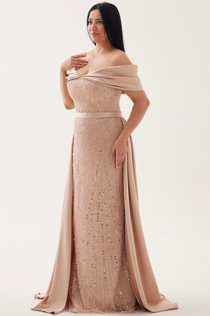 Büyük Beden Pul Boncuk İşlemeli Uzun Saten Abiye  Bej