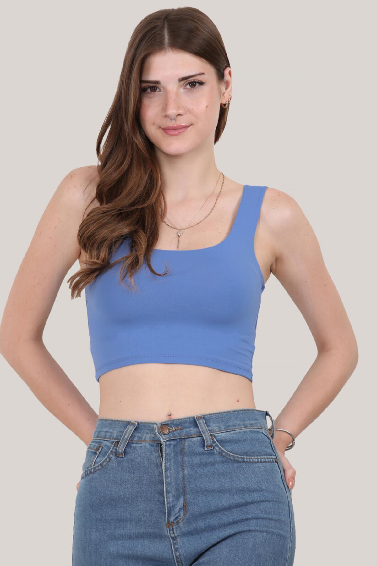 Kadın Askılı Crop Bluz  İndigo