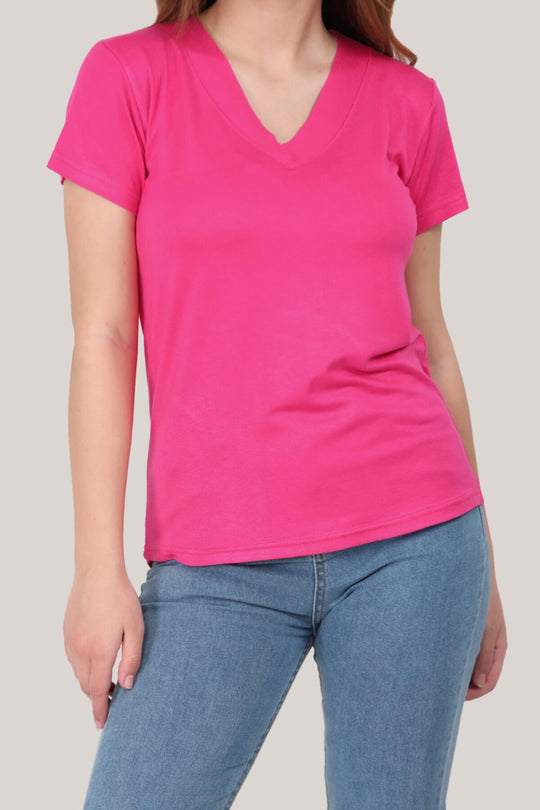 Kadın V Yaka T-Shirt  Fuşya