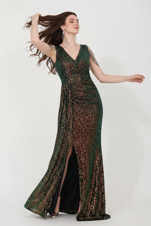 Kadın Omuzları Zincir Detay Pullu Uzun Abiye  Hologram