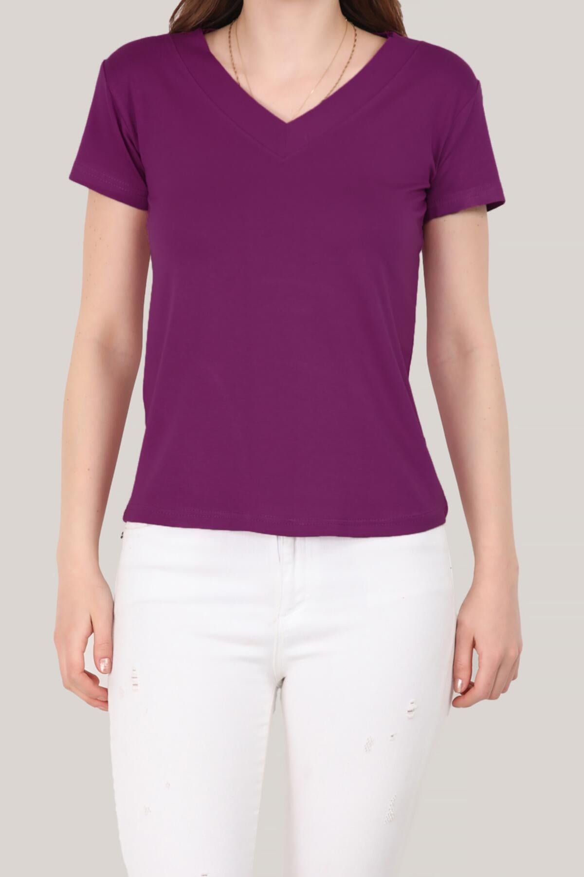 Kadın V Yaka T-Shirt  Mor