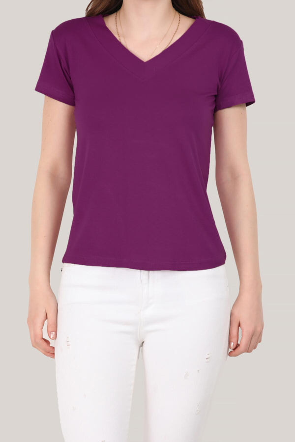 Kadın V Yaka T-Shirt  Mor
