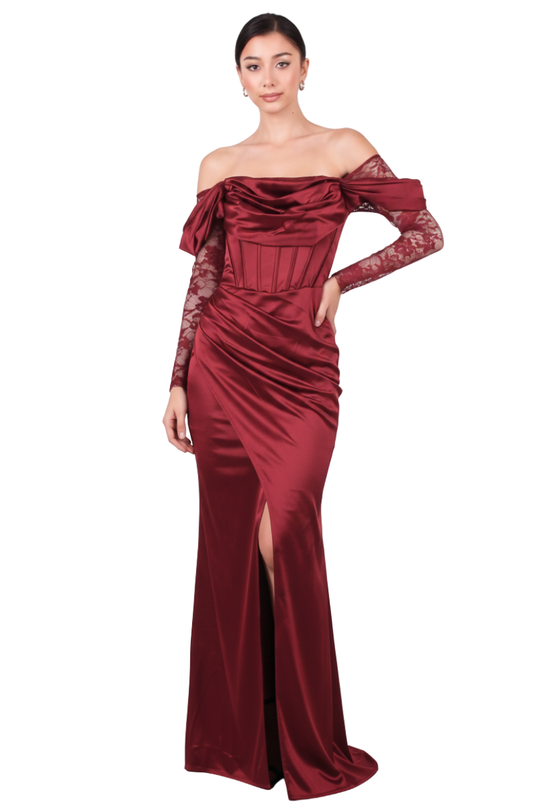 Kadın Göğüs Detay Dantel Kol Uzun Abiye  Bordo