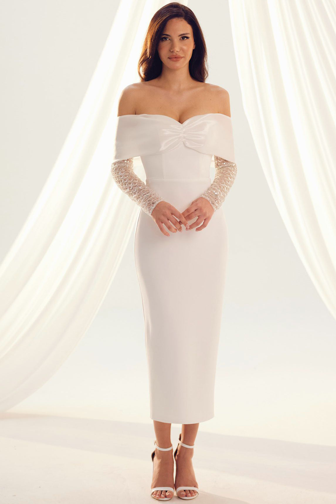 Kadın Yaka Kurdale Detay Dabl Abiye  Beyaz