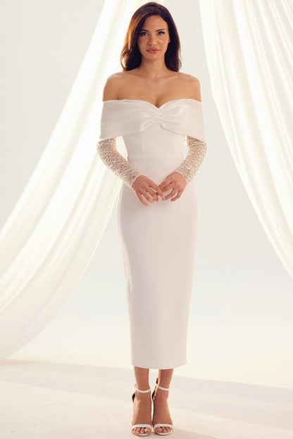 Kadın Yaka Kurdale Detay Dabl Abiye  Beyaz