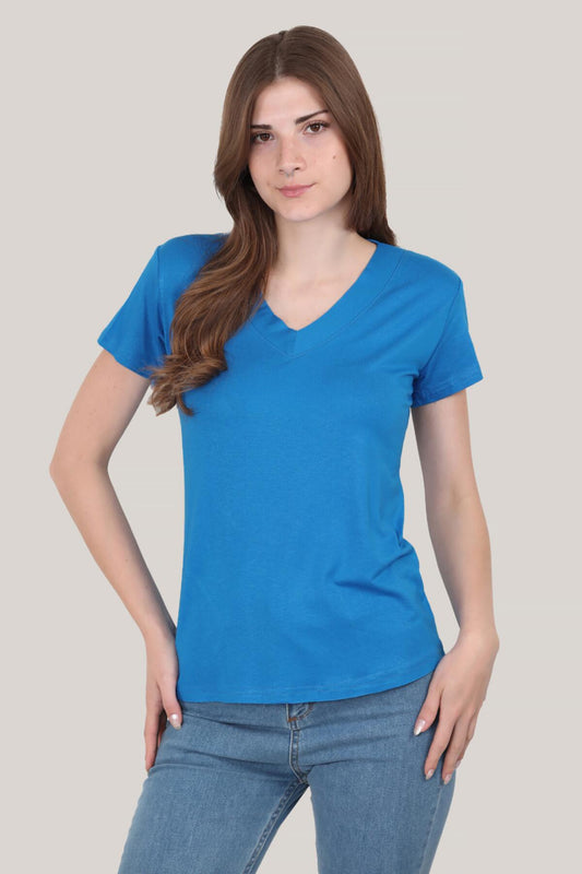 Kadın V Yaka T-Shirt  Saks