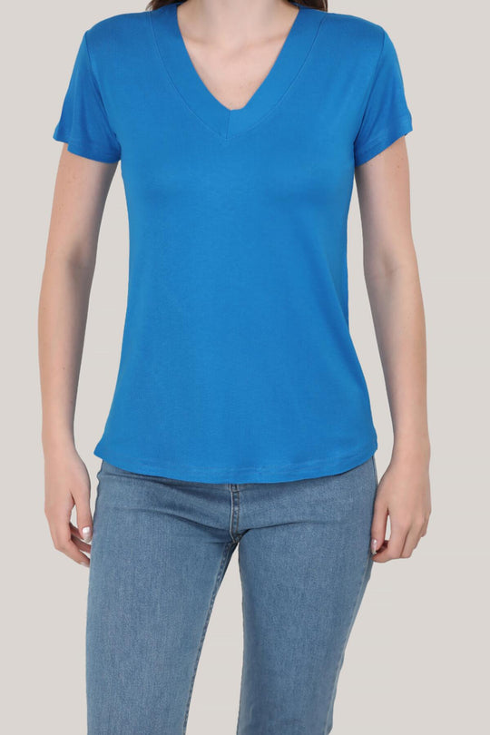 Kadın V Yaka T-Shirt  Saks