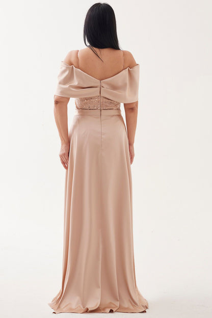 Büyük Beden Pul Boncuk İşlemeli Uzun Saten Abiye  Bej