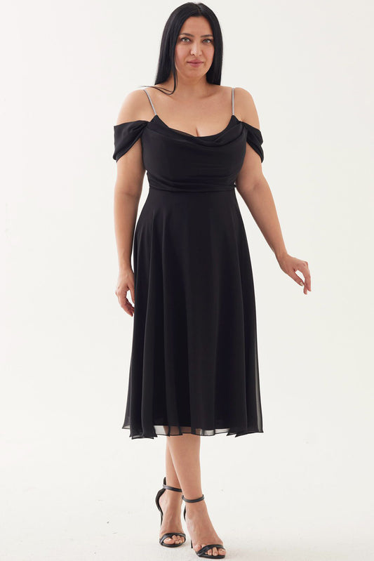 Büyük Beden İp Askılı Şifon Abiye  Siyah