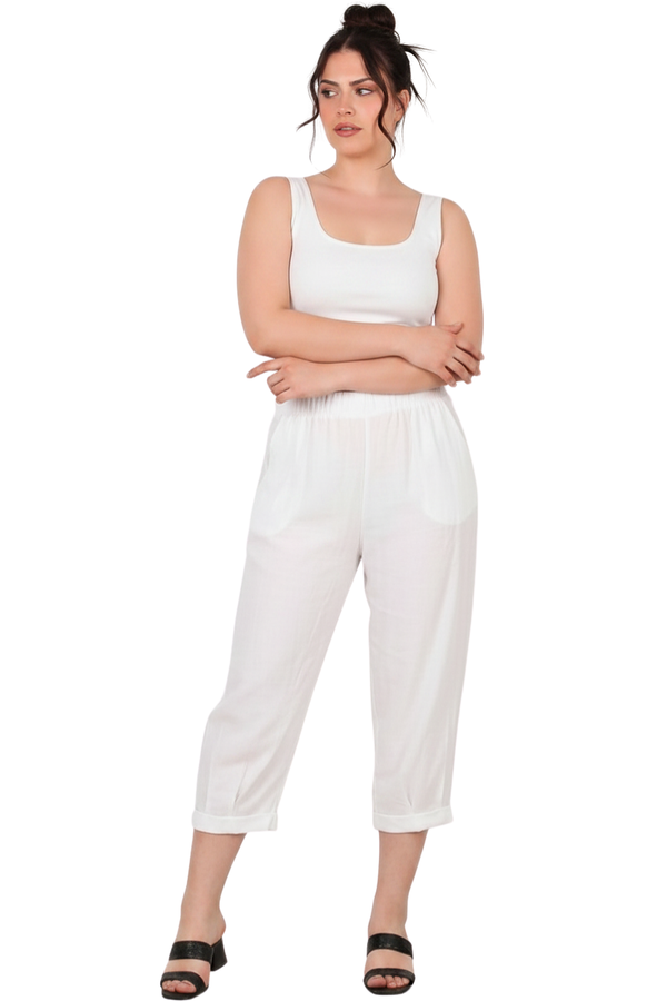 Kadın Tencel Paça Pileli Şalvar  Ekru