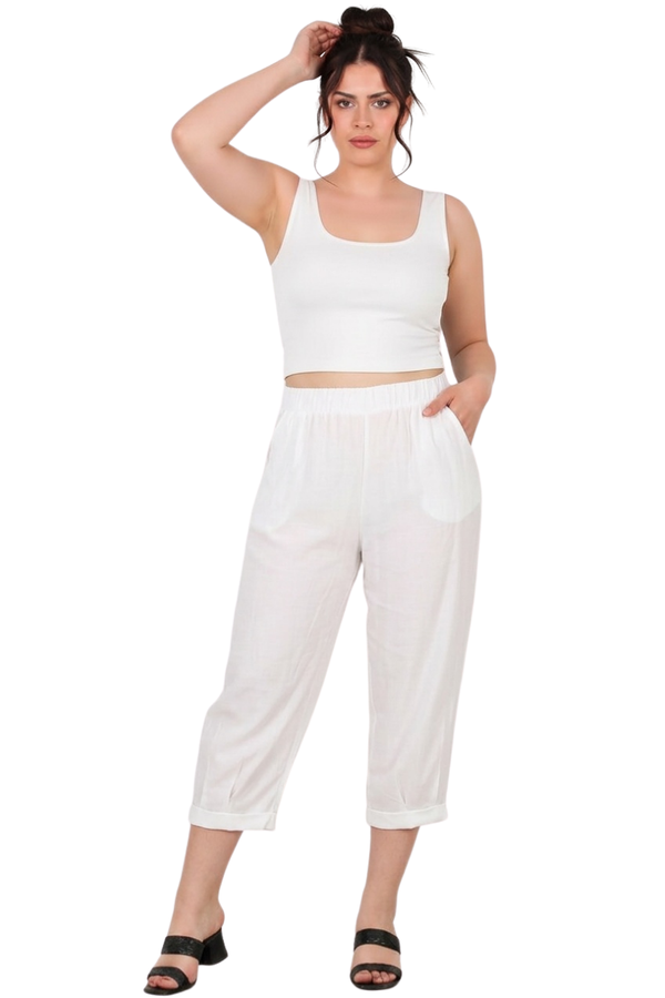 Kadın Tencel Paça Pileli Şalvar  Ekru