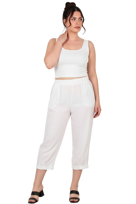 Kadın Tencel Paça Pileli Şalvar  Ekru
