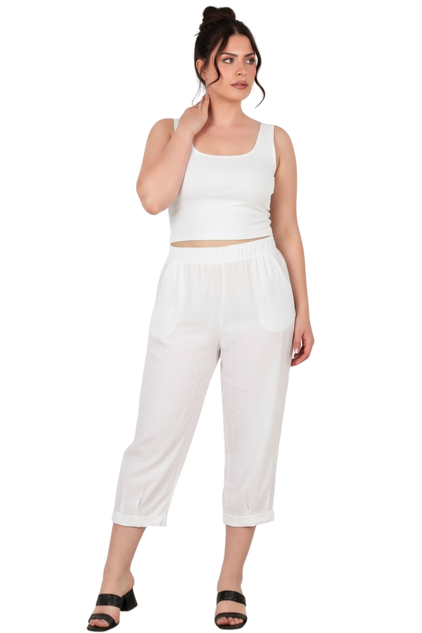 Kadın Tencel Paça Pileli Şalvar  Ekru