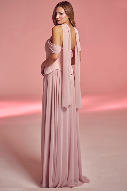 Kadın Şifon Dabl Uzun Abiye  Pudra