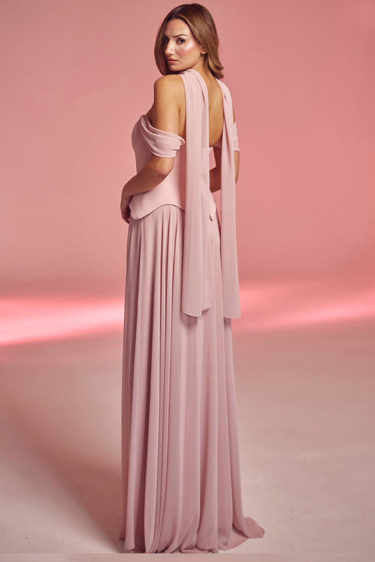 Kadın Şifon Dabl Uzun Abiye  Pudra
