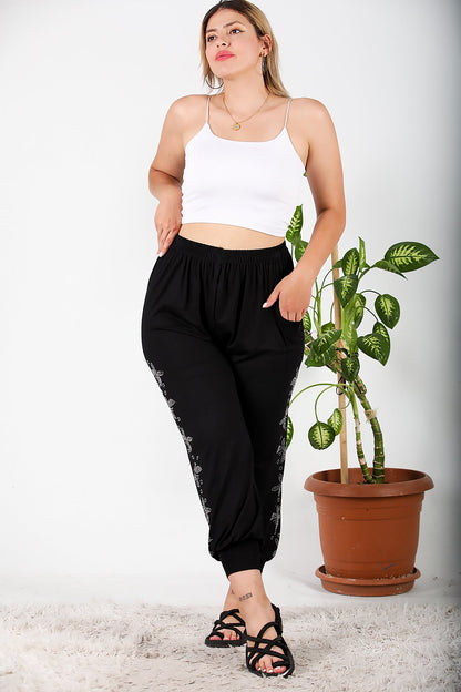 Büyük Beden Yanları Taşlı Şalvar Black