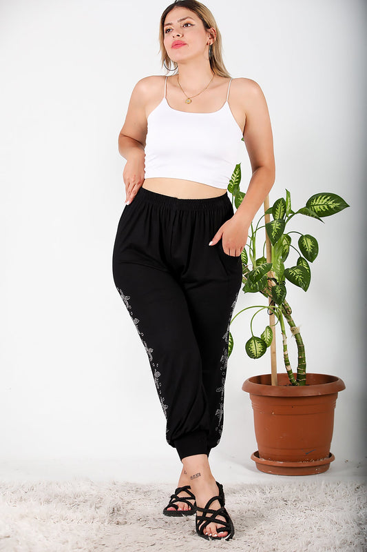 Büyük Beden Yanları Taşlı Şalvar Black