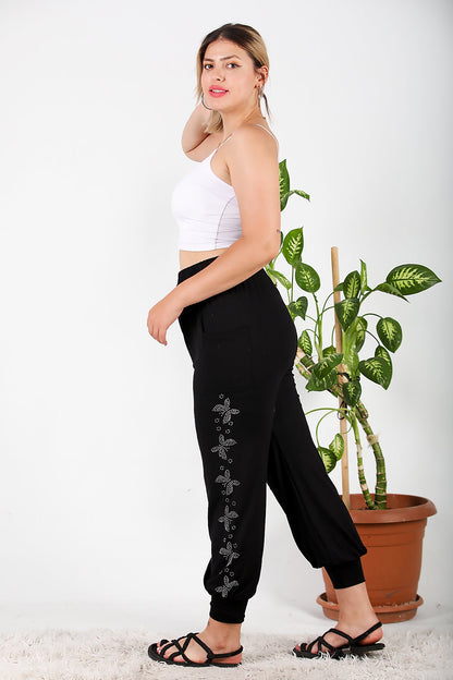 Büyük Beden Yanları Taşlı Şalvar Black