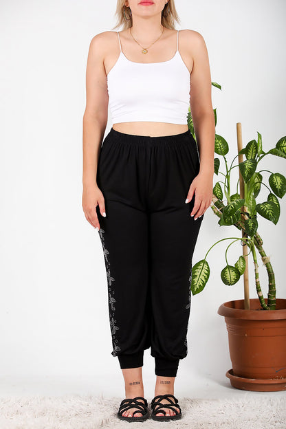 Büyük Beden Yanları Taşlı Şalvar Black