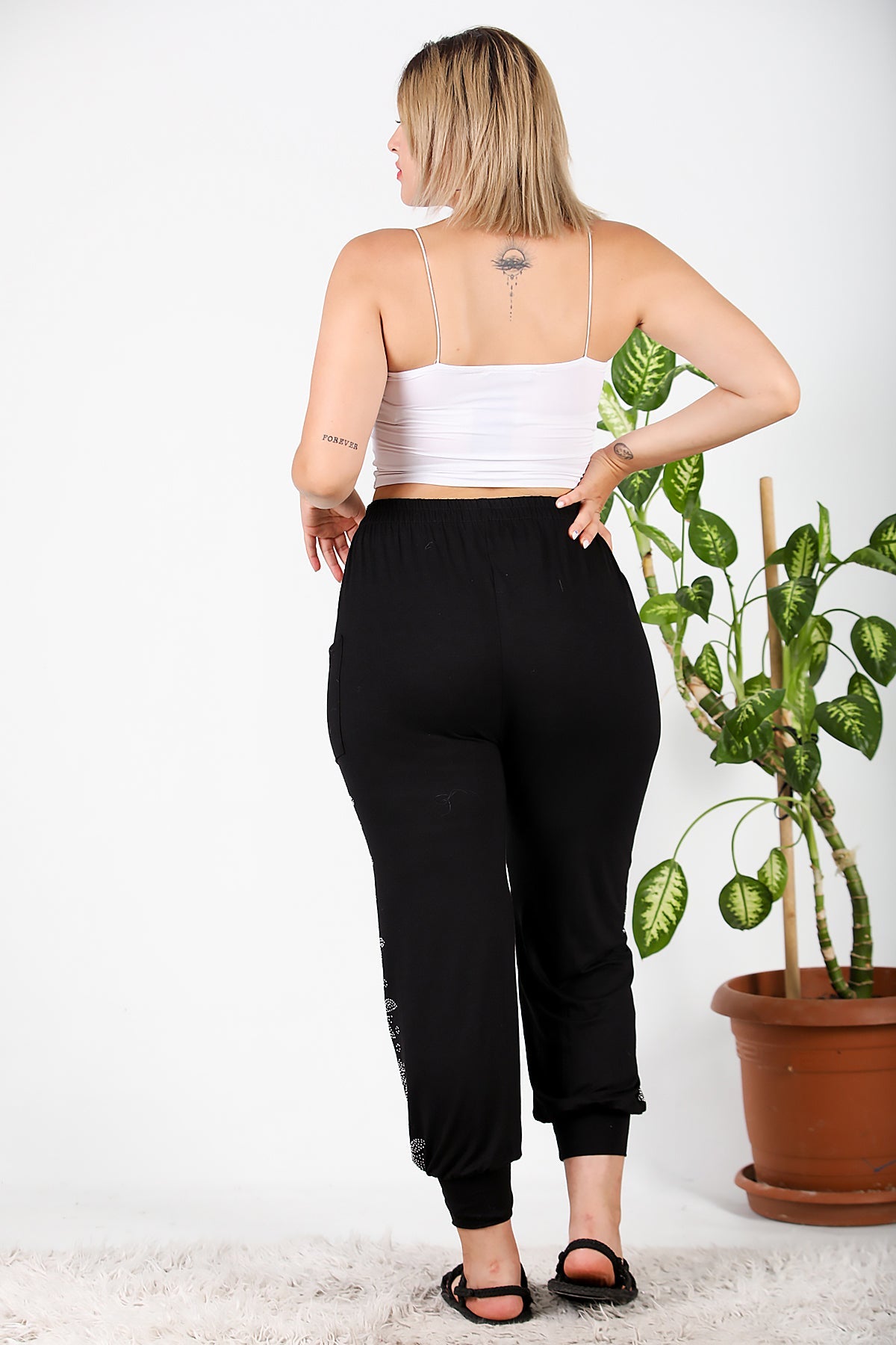 Büyük Beden Yanları Taşlı Şalvar Black