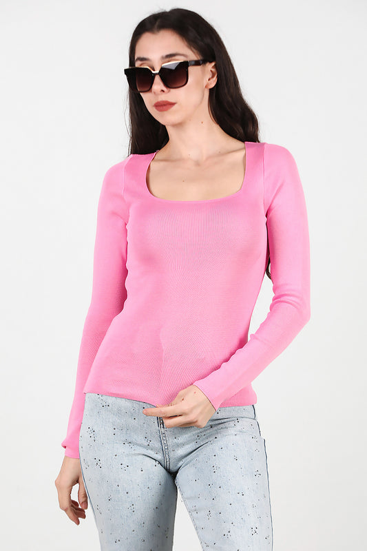 Kadın Kare Yaka Bluz Pembe
