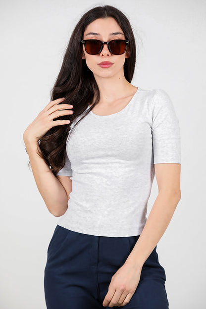 Kadın Bisiklet Yaka T- Shirt Gri
