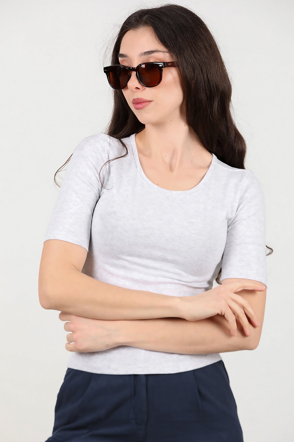 Kadın Bisiklet Yaka T- Shirt Gri