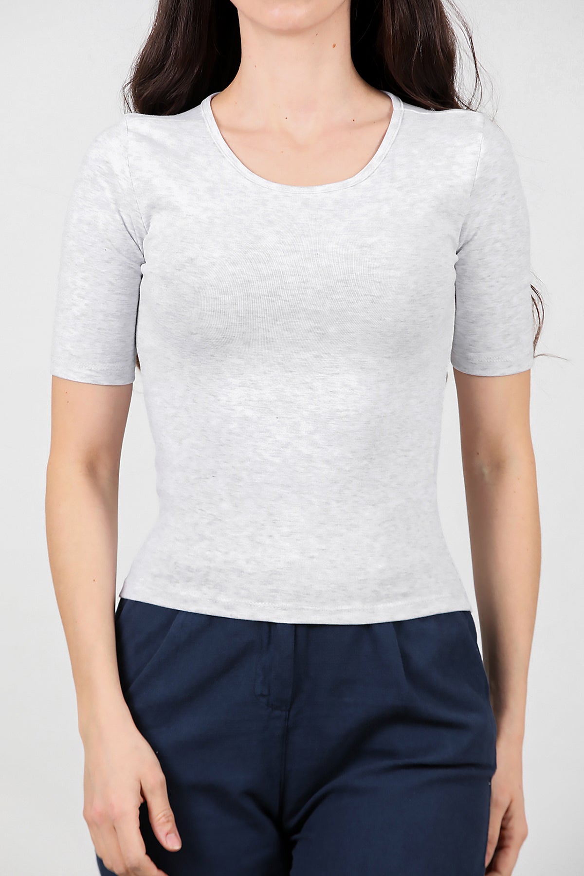 Kadın Bisiklet Yaka T- Shirt Gri