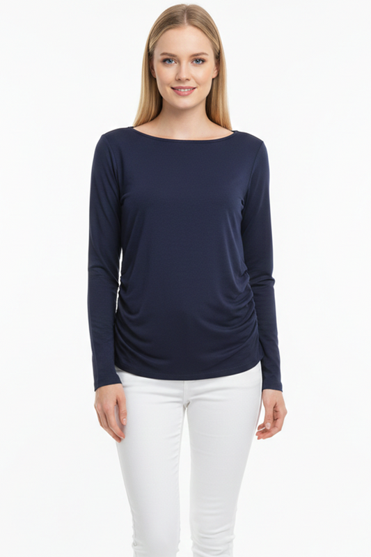 Drapelle Kadın Yanları Büzgülü Kayık Yaka Bady Bluz Lacivert