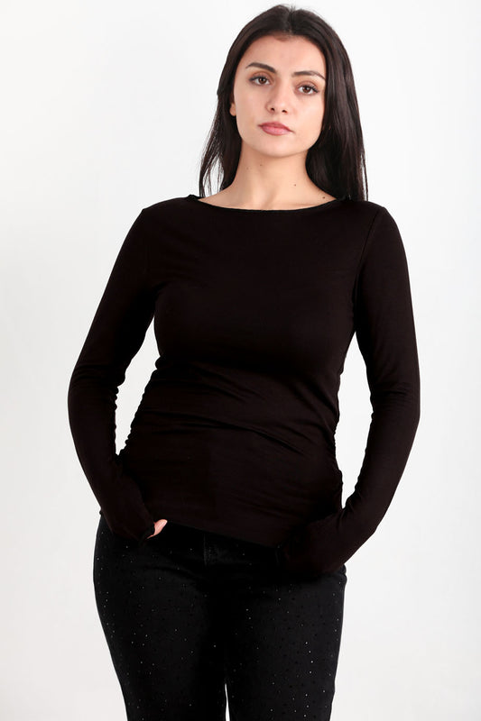 Drapelle Kadın Yanları Büzgülü Kayık Yaka Bady Bluz Siyah