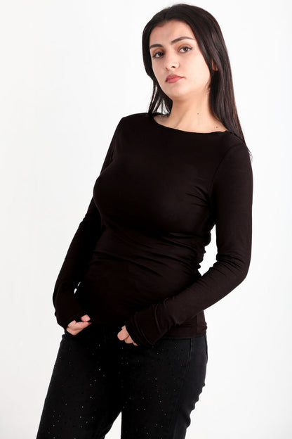 Drapelle Kadın Yanları Büzgülü Kayık Yaka Bady Bluz Siyah
