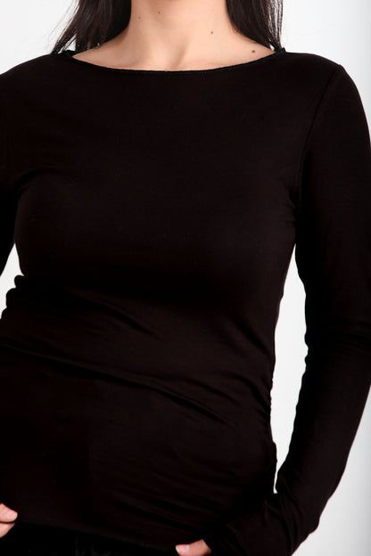 Drapelle Kadın Yanları Büzgülü Kayık Yaka Bady Bluz Siyah