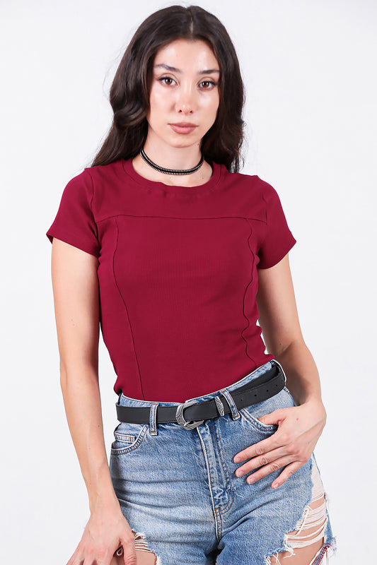 Kadın Fitilli Parçalı Bluz Bordo