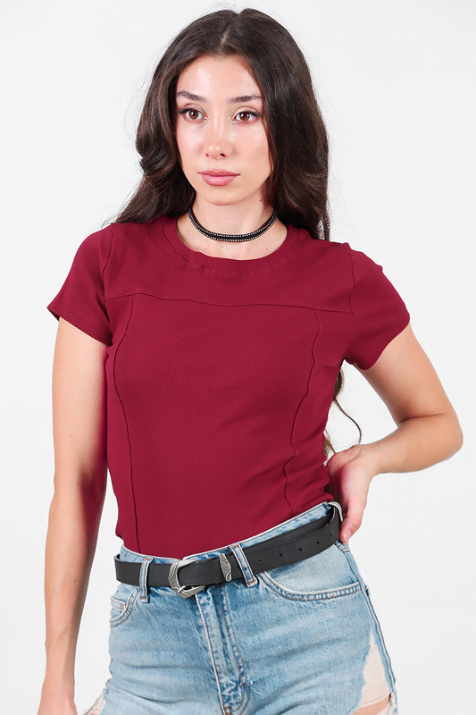 Kadın Fitilli Parçalı Bluz Bordo