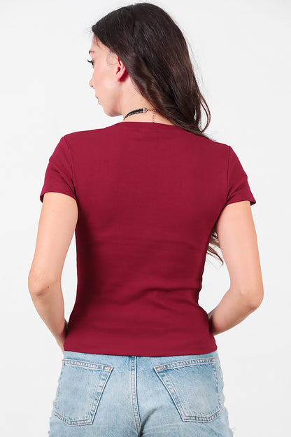 Kadın Fitilli Parçalı Bluz Bordo
