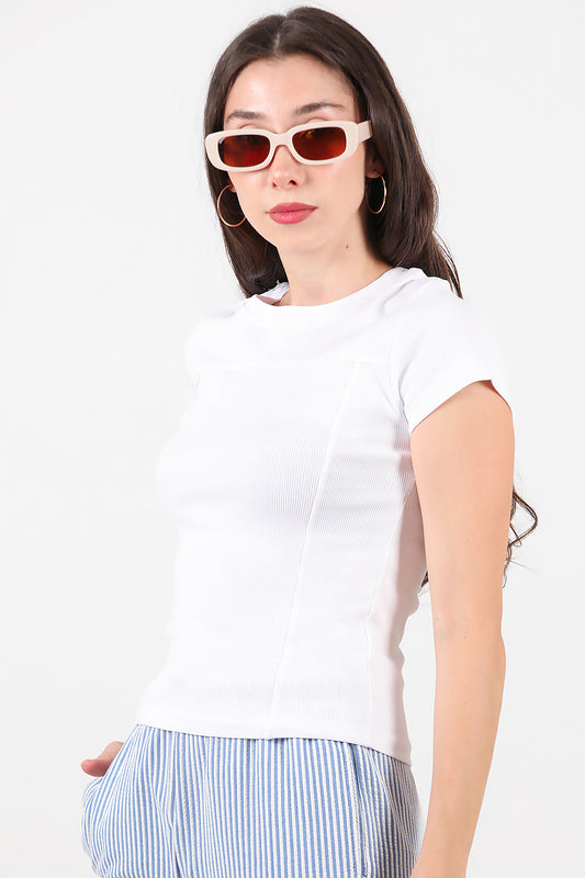 Kadın Fitilli Parçalı Bluz Beyaz